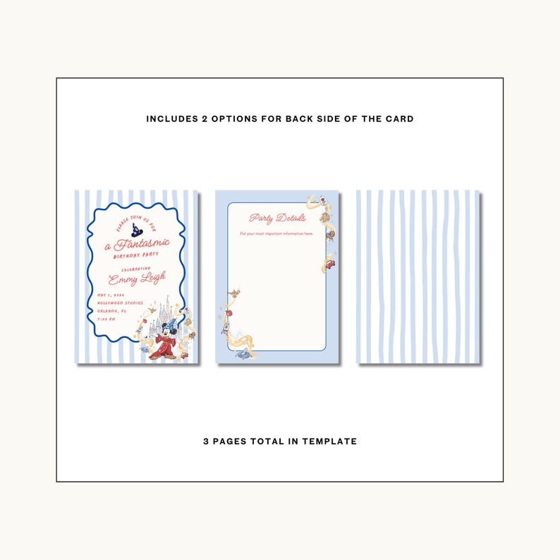 Peut inclure: Un mod&egrave;le d'invitation d'anniversaire avec un design &agrave; rayures bleues et blanches. L'invitation comprend une page de garde avec le texte "a Fantasmic Birthday Party" et "Emmy Leigh". Le mod&egrave;le comprend 2 options pour le verso de la carte.