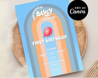 Heelers First Birthday Invitation Template | Canva Editable Template | Blue Dog Party Invites | Instant Download | Editable File