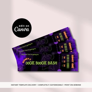 以下が含まれることがあります： 「ADMIT ONE」と「DISNEY'S OOGIE BOOGIE BASH」の文字と、映画「ナイトメア・ビフォア・クリスマス」のキャラクター、ウギー・ブーギーの漫画風イラストが描かれた、紫と黒の印刷可能なチケット3枚。