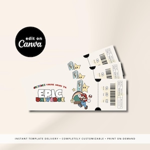Ticketsjabloon Retro Epic Universe: bewerkbaar canva-verrassingscadeau (digitaal bestand)