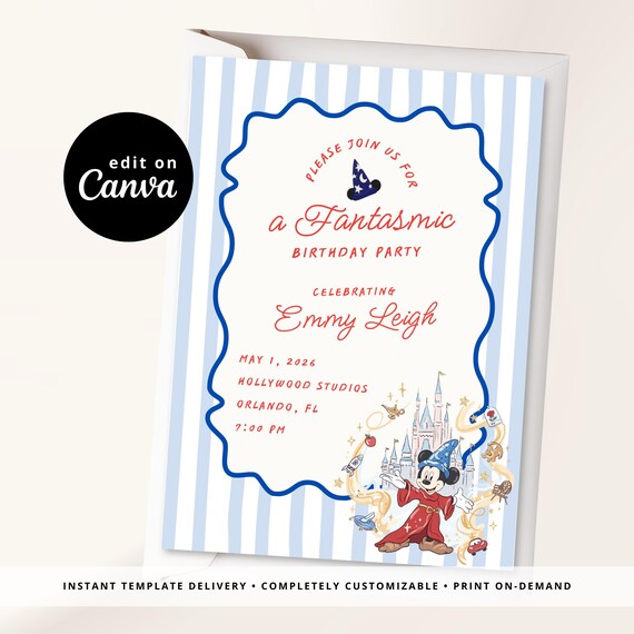 Fantasmic, Sorcerer Mouse Birthday Invitation Template: Editable Canva File (Digital Download)