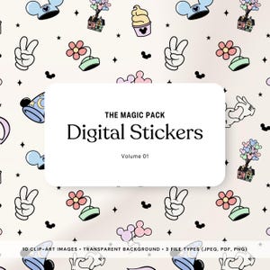 May include: Digital sticker pack titled "The Magic Pack" with a repeating pattern of cartoon graphics. The pattern includes Mickey Mouse ears, ice cream, houses with balloons, flowers, and peace signs. The text "Digital Stickers" is displayed on a white rectangle.