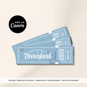 May include: Light blue Disneyland tickets with a castle graphic and the text "SURPRISE! YOU'RE GOING TO: Disneyland". The tickets have a white border and a barcode. The Canva logo is in the upper left corner.