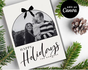 Minimalist Neutral Holiday Card | Canva Editable Template | Family Christmas Card | Instant Coquette Bow Download | Editable Greeting File