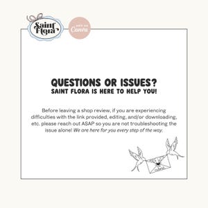 Peut inclure: Graphique blanc avec le texte "QUESTIONS OU PROBL&Egrave;MES ? SAINT FLORA EST L&Agrave; POUR VOUS AIDER !" et un logo. L'image comprend &eacute;galement le texte "edit on Canva" et des illustrations d'oiseaux portant une lettre.