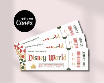 Vintage Christmas Disney World Ticket Template | Canva Editable Template | Disney World Surprise Gift | Instant Download | WDW Digital File