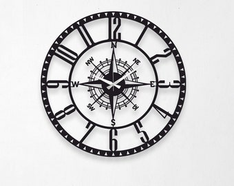 Metal Compass Wall Clock, Black Compass Wall Decor, Latin Numeral Compass Clock, Unique Clock for Wall, Housewarming gift, Large Wall Clock