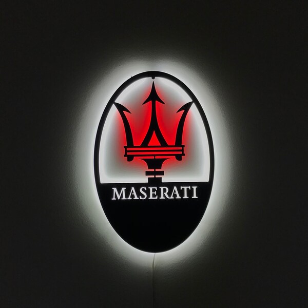 Maserati Led Metal Logo, Maserati Wall Decor, Sport Car Sign, Garage Wall Decor, Mancave Sign, Car accessoire, Gift for New Car, illuminated