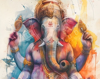 Hoge kwaliteit aquarel schilderij van Ganesha, de olifantsgod, zittend in meditatiehouding. Downloadbare afdruk. Superhoge resolutie.