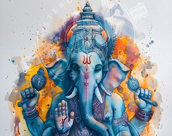 Hoge kwaliteit aquarel schilderij van Ganesha, de olifantsgod, zittend in meditatiehouding. Downloadbare afdruk. Superhoge resolutie.