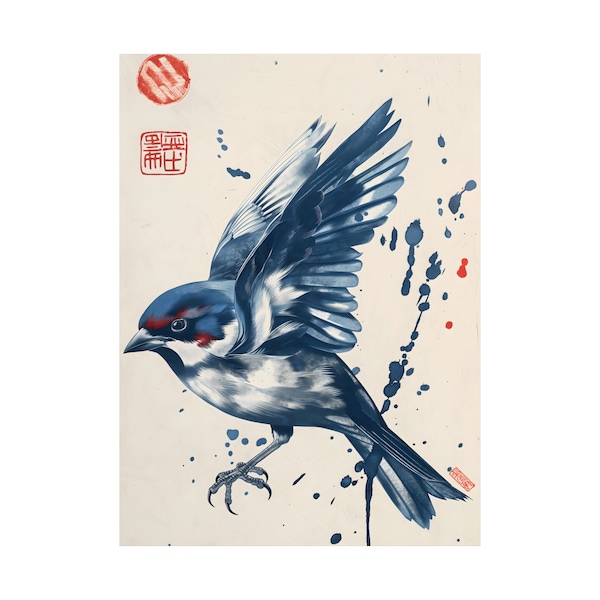 Traditional Asian Linocut Sparrow Masterpiece Stylish Living Room Poster Art. Blue and Red Poster Art.