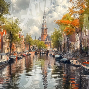 Downloadable High Resolution Prints. Oil painting of the timeless beauty of Amsterdam&#39;s iconic canals with our captivating oil paintings.