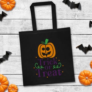 Personalised Black Trick or Treat Canvas Bag | Custom Halloween Tote | Spooky Kids Sweetie Bag | Halloween Party Favor | Name Customizable