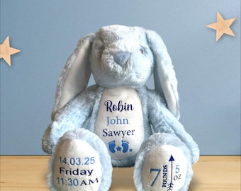 May include: A light blue plush bunny with embroidered details. The bunny has a white patch on its chest with the name "Robin John Sawyer" and a footprint symbol. The bunny's right foot has the date "14.03.25 Friday 11:30 AM" and the left foot has the text "7 pounds 5 oz" with an arrow pointing up.