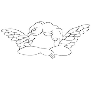 Puede incluir: Un dibujo en blanco y negro de un querubín con alas, descansando la cabeza sobre sus brazos.