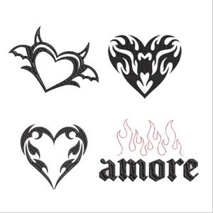 Puede incluir: Cuatro diseños de corazones en blanco y negro con patrones tribales y de llamas. El diseño inferior incluye la palabra "amore" en una fuente gótica negra.