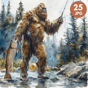 Pesca Bigfoot en Mountain Stream Clipart JPG, acuarela Sasquatch Clipart JPG de alta calidad, gráfico digital imprimible, uso comercial