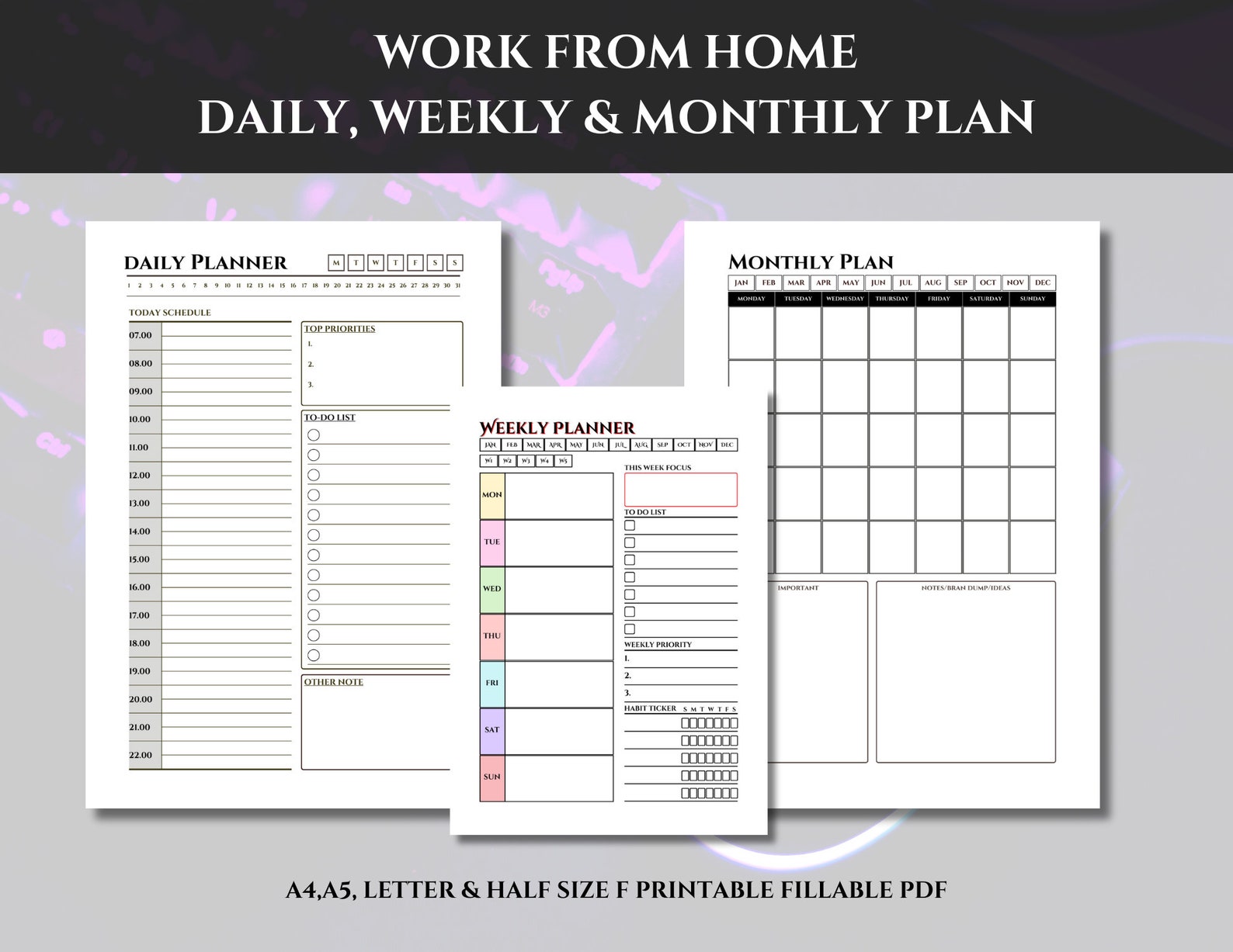 Printable Daily, Weekly, Monthly Planner Set (A4, A5, Letter, Half ...