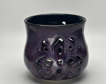 handmade ceramic purple and black luminary, lantern, candle holder