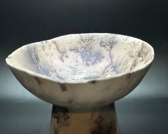 handmade ceramic raku, horse hair bowl on a tall foot