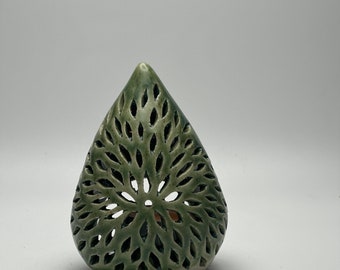 handmade ceramic small green teardrop shaped luminary, lantern, candle holder