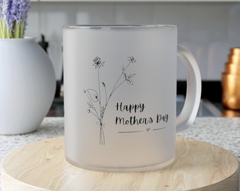 Tazza personalizzata in vetro smerigliato per mamma, bouquet di fiori da 11 once, regalo per la festa della mamma, design semplice, testo personalizzato