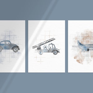 Fahrzeuge Poster Abschleppwagen Flugzeug Auto Pro Stück oder 3 Stück A3 Größe 29,7 x 42 cm Kinderzimmer Babyzimmer Beige Blau