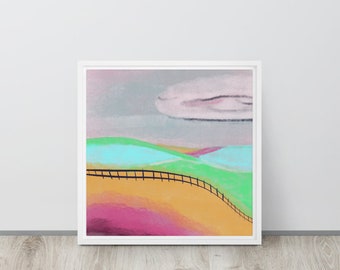 Summer Fields - Colourful abstract landscape painting - framed canvas print - orange blue, green, pink