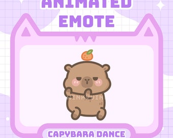 May include: Animated emote featuring a brown capybara with a small orange on its head, dancing with its arms crossed. The text "CAPYBARA DANCE" is below the capybara. The background is a light purple grid with a pink frame.