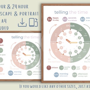 Poster ""Uhrzeit lesen"": Uhr lesen, Ziffernblatt, 12 & 24 Uhr." Klassenzimmer, Schlafzimmer Dekor, Kinder bildung Digitaldruck, A3/A4