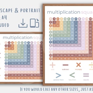 May include: A printable multiplication chart in landscape format with a colorful pastel design. The chart includes numbers 0 through 12 and is labeled "multiplication square". The chart is surrounded by a wooden frame. The text "IF YOU WOULD LIKE ANY OTHER SIZES, JUST ASK ME!" is at the bottom of the chart.
