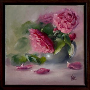 FRAMED Pink Rose Original Oil Painting in floater frame 25g22