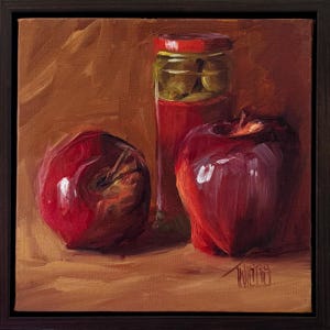 FRAMED Original Oil Painting Apples and Olives, small 8x8 Kitchen Art in a floater frame