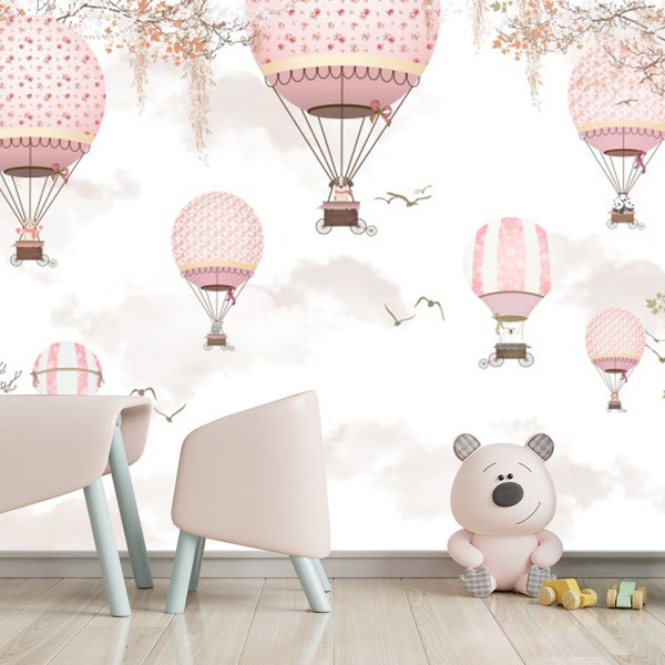 Kidsroom Wallpaper Nursery Room Decoration Cute Animals in the Pink Balloons Baby Girl Wall Decor