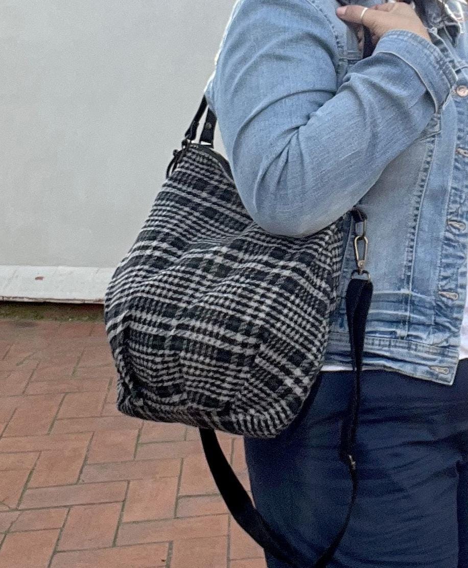 Sack bag, Tote bag, Bag with two leather handles, Zipper bag, Checkered bag, Bucket style bag, Fabric bag.
