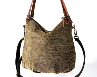 Ochre-coloured fabric sack bag, Tote bag in upholstery fabric, Bag with two leather handles, Bag with zipper, Shoulder bag.
