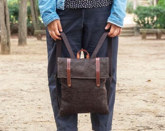 Backpack with lid, Backpack with zipper, Fabric backpack, Small backpack, Brown backpack, Backpack with pockets.