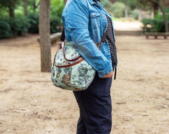 Crossbody bag, Sack bag, Tote bag, Bag with two leather handles, Zippered bag, Green bag with flowers, Fabric bag.