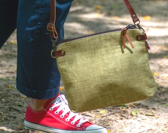 Solid Color Crossbody Bag | Small Bag with Leather Handle and Printed Lining | Minimalist Bag in Olive Green | Bag for Her.