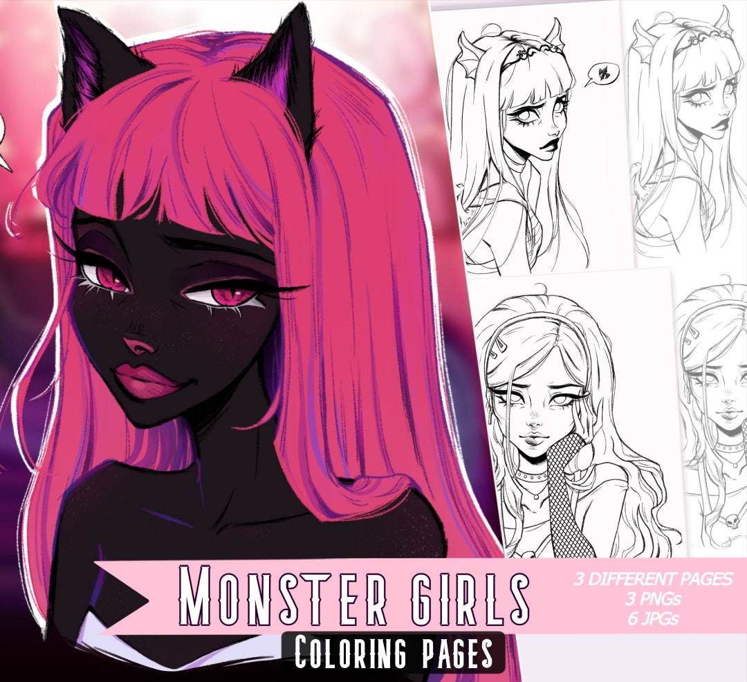 Monster Girls Coloring Pages 3 Pages Cute Coloring Pages Adults & Kids