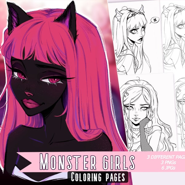 Monster Girls Coloring Pages | 3 Pages | Cute Coloring Pages | Adults & Kids | Instant Download | Monster High