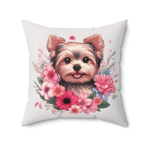 Coquette Floral Yorkie Pillow - Cute Pet Lover Home Decor, Throw Pillow, Soft Polyester Cushion, Gift for Dog Lovers
