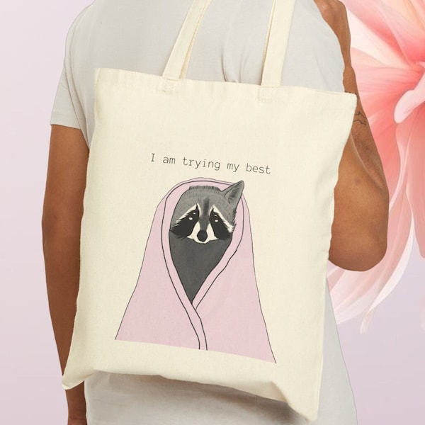 Crying Raccoon Tote Bag Cotton Canvas cute meme tote kawaii cottage core tote live fast eat trash dank meme trash panda funny meme clothing