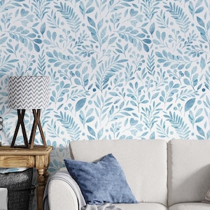 Papier peint botanique bleu feuilles amovible en vinyle pour chambre d'enfant, papier peint auto-adhésif floral pastel aquarelle chambre à coucher pour salle de bain