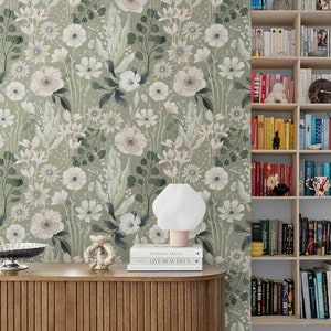 Wildblumen Salbei Grün Tapete Schälen & Aufkleben, Floral Botanische Tapete Abnehmbar für Schlafzimmer, Selbstklebende Blumen Vinyl Kunst Raumdekor