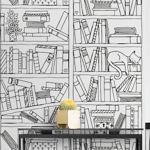 Bookcase Wallpaper Black White, Bookshelves Peel & Stick Vinyl / Unpasted Home Office Decor, Removable Kids Room Sketch Self Adhesive Mural