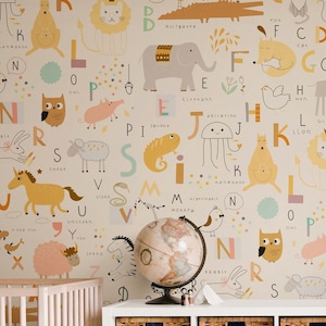 Carta da parati con alfabeto animale, staccabile e adesiva, neutra, per cameretta dei bambini, sala giochi, carta da parati in vinile beige, rimovibile, autoadesiva, decorazione educativa