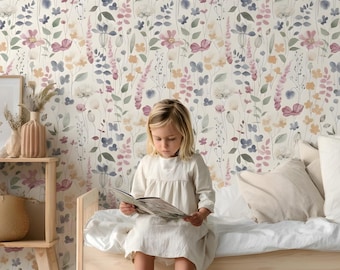 Pastel Wildflowers Botanical Wallpaper Peel & Stick Vinyl Removable, Girls Nursery Self Adhesive Watercolor Beige Floral Bedroom Wallpaper