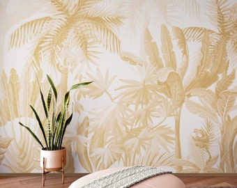 Papier peint jungle beige en vinyle autocollant, non collé, amovible non collé, palmier rétro, décoration murale tropicale vintage bohème, papier peint auto-adhésif chambre à coucher