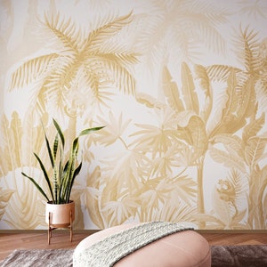 Beige Tree Jungle Wallpaper Vinyl Peel Stick, Unpasted Removable Retro Palm Wall Mural Tropical Vintage Boho Self Adhesive Wallpaper Bedroom
